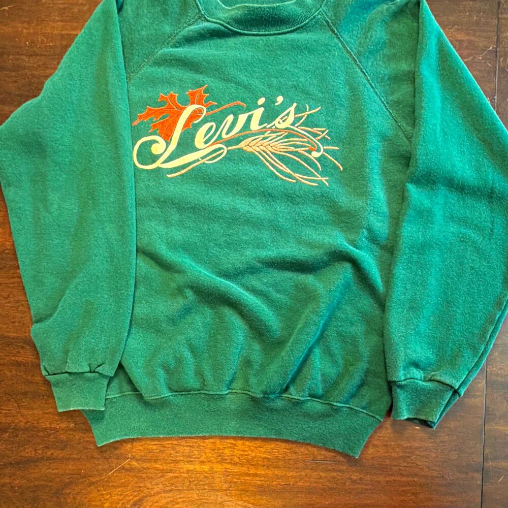 Vtg Hanes Levi's Logo Graphic Crewneck Fleece Pullover Sweatshirt Green L USA